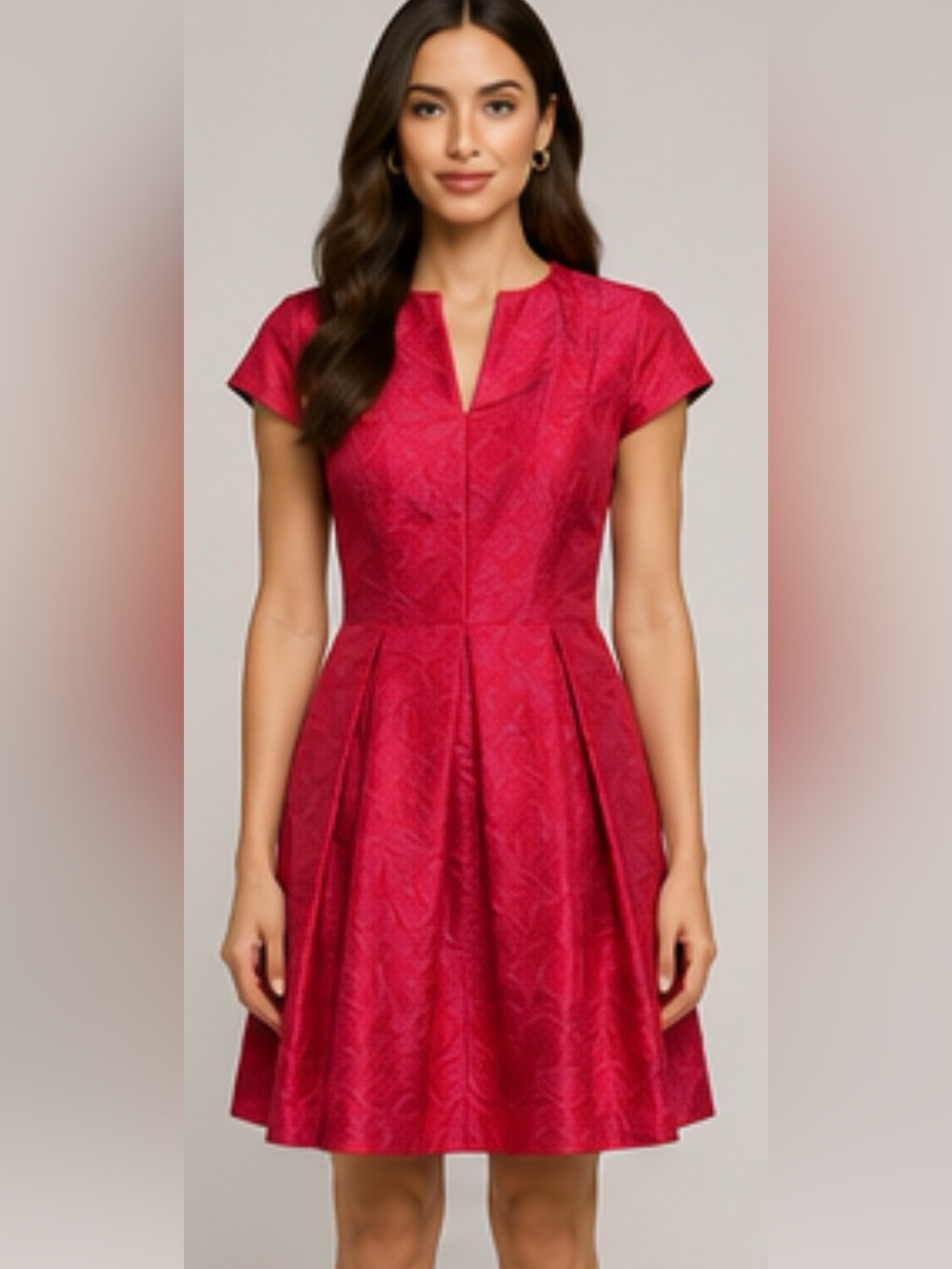 BIGIO Collection Red Fuchsia Jacquard V-Neck Pleated Dress Size 6 NWT
